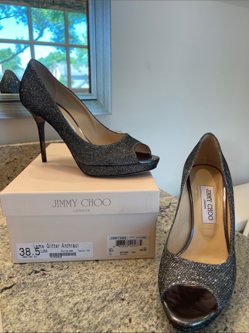 Jimmy Choo Anthracite Glitter Peep-Toe Platform Pumps